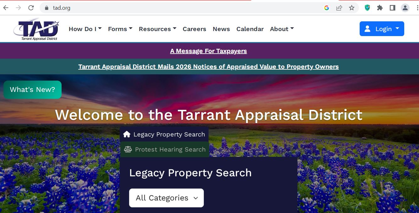 Tarrant County CAD official property search screenshot for Tarrant Appraisal District records