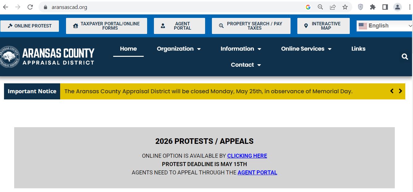 Aransas County CAD 2026 property search and tax appraisal screenshot