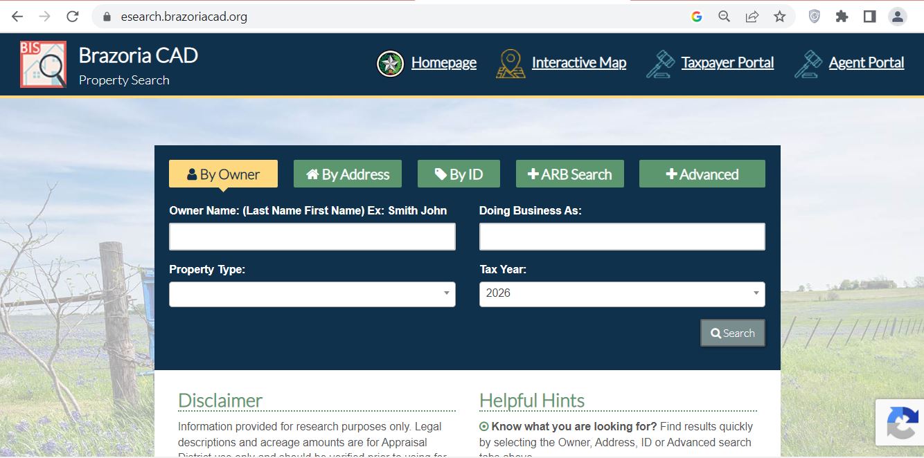 Brazoria County CAD 2026 property search and tax appraisal screenshot