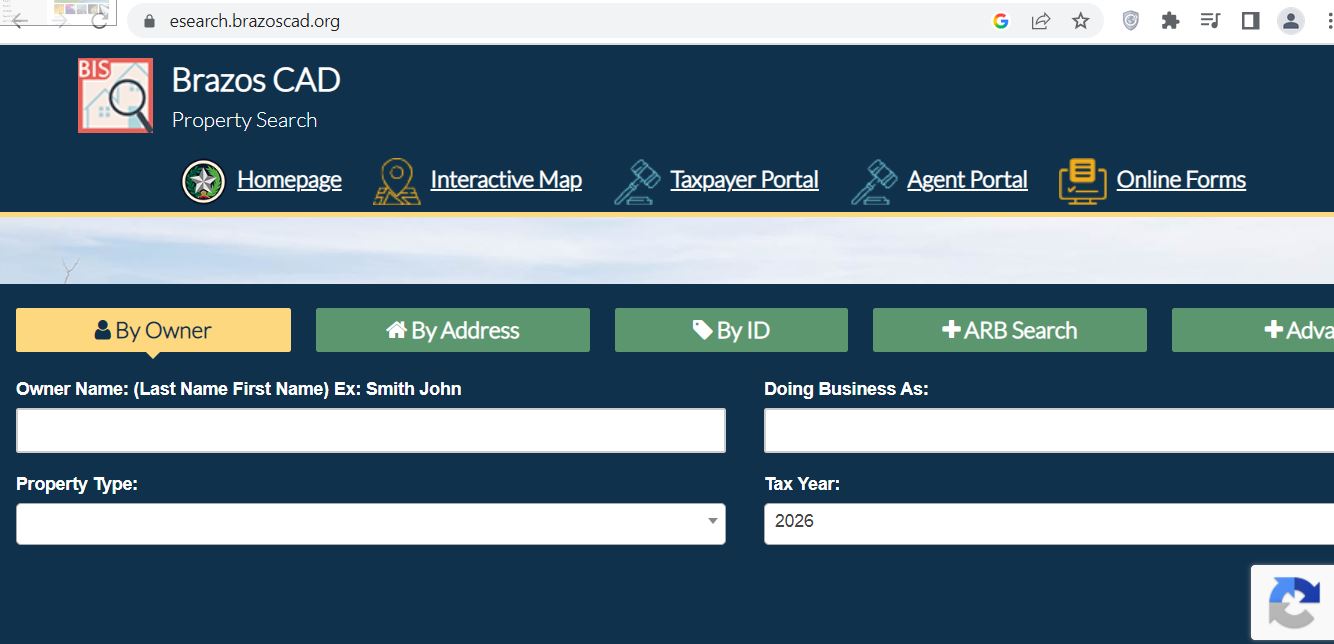 Brazos County CAD 2026 property search and tax appraisal screenshot