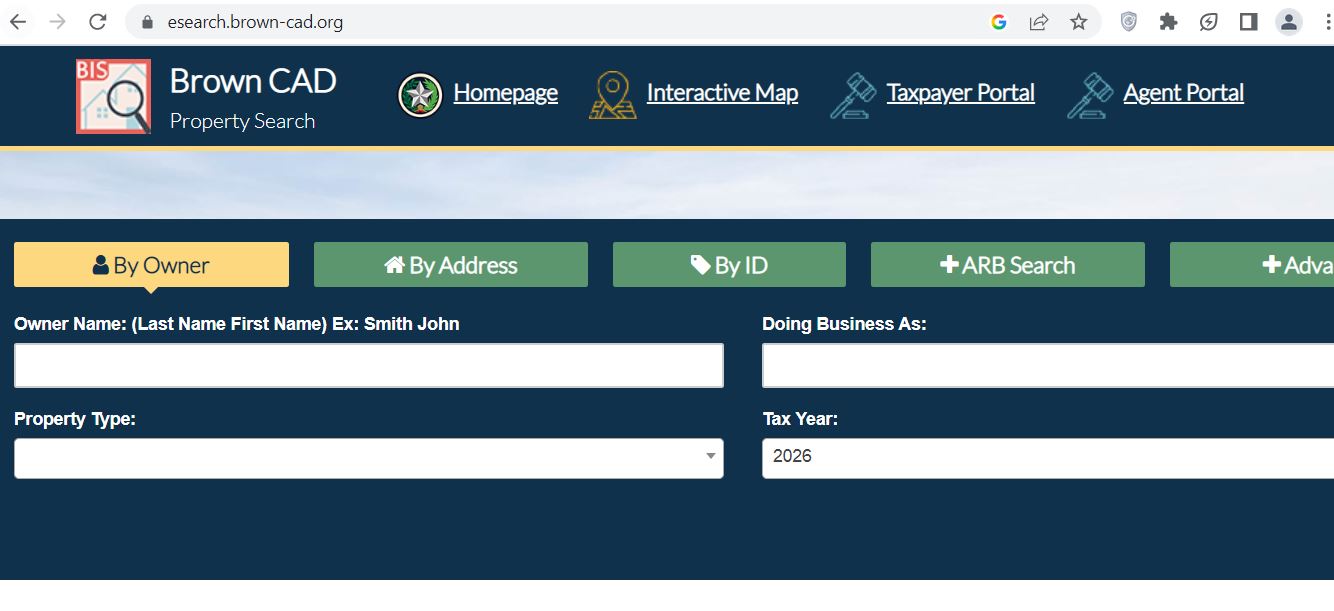 Brown County CAD 2026 property search and tax appraisal screenshot