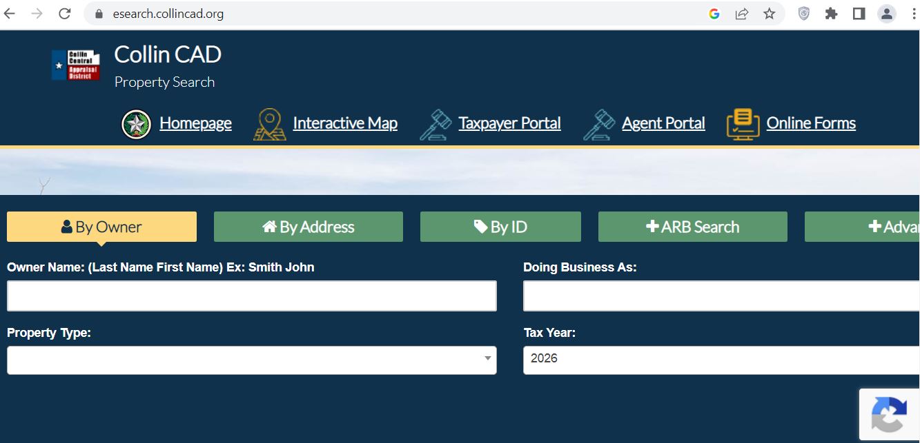 Collin County CAD official property search screenshot for Collin Central Appraisal District records