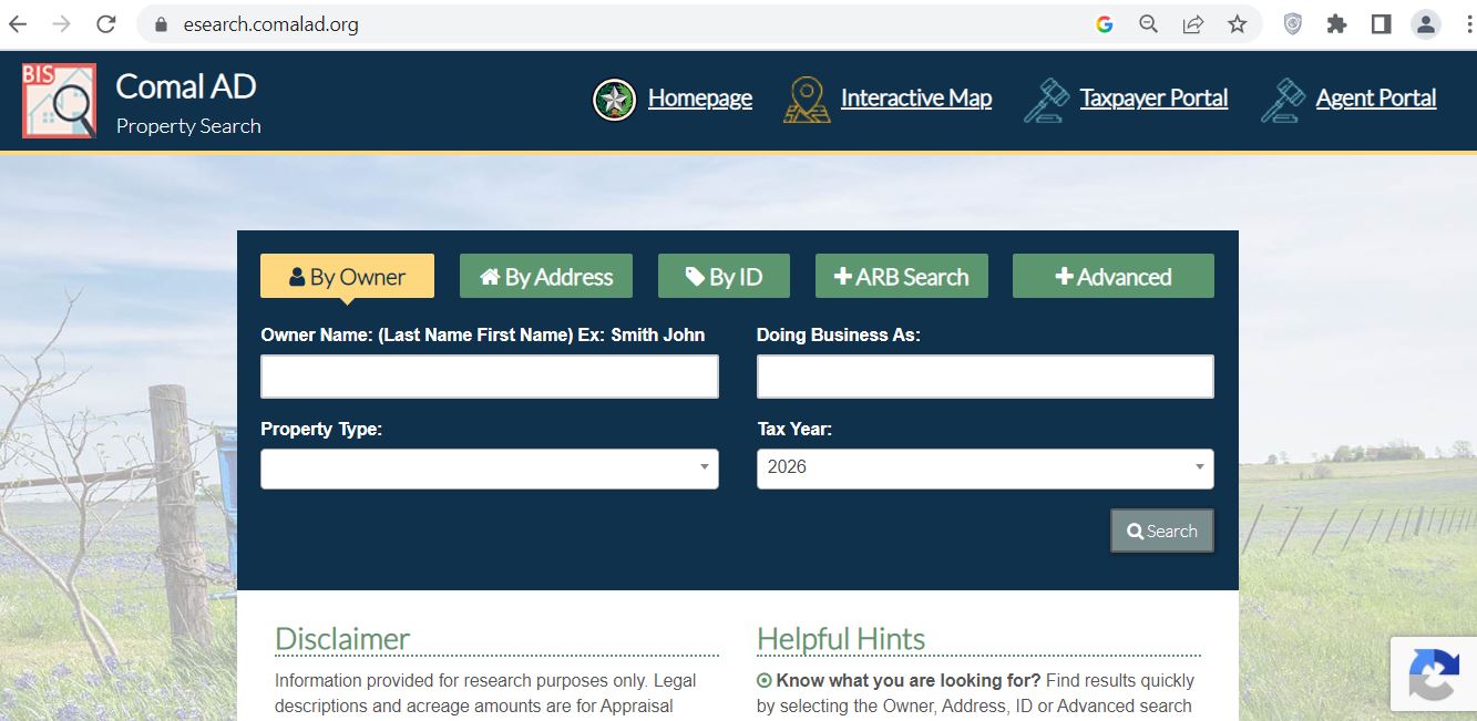 Comal County CAD 2026 property search and tax appraisal screenshot