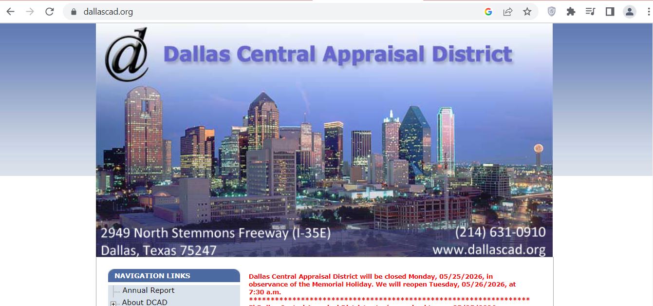Dallas County CAD property search screenshot for DCAD appraisal records and tax appraisal lookup