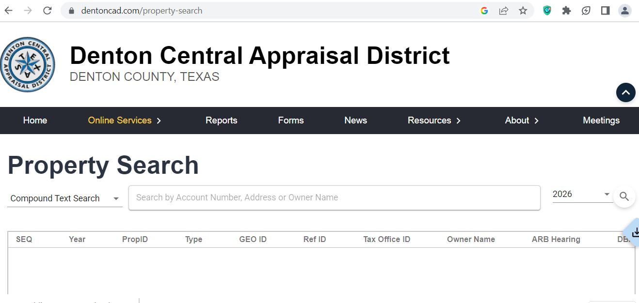 Denton County CAD official property search and tax appraisal screenshot guide