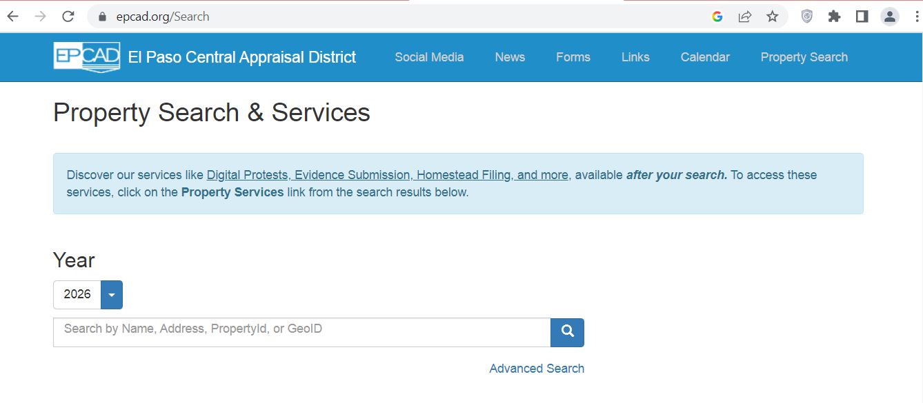 El Paso County CAD 2026 property search and tax appraisal screenshot