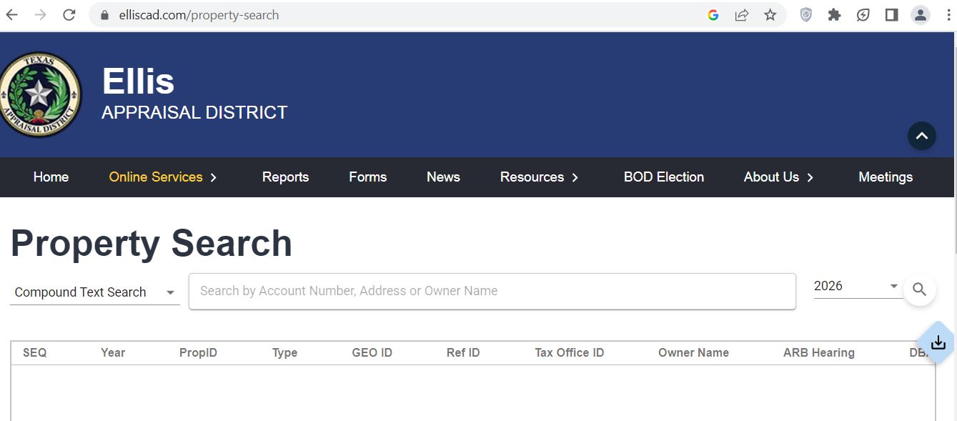 Ellis County CAD 2026 property search and tax appraisal screenshot