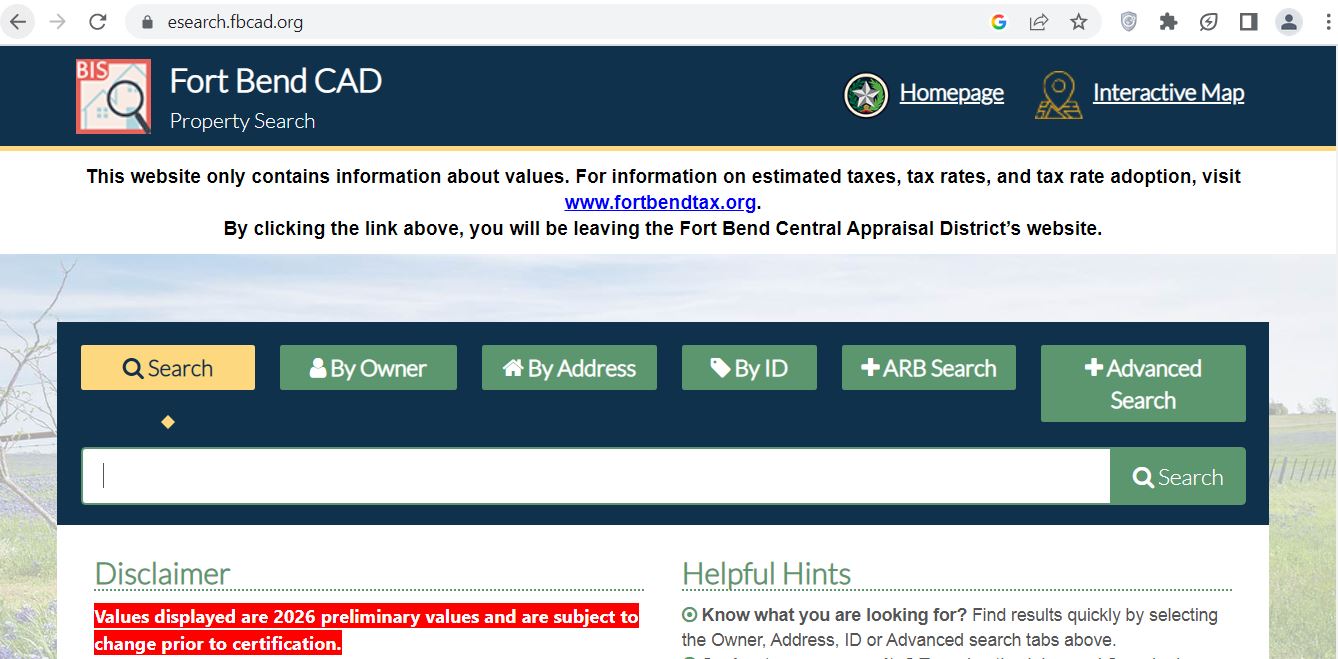 Fort Bend County CAD 2026 property search and tax appraisal screenshot