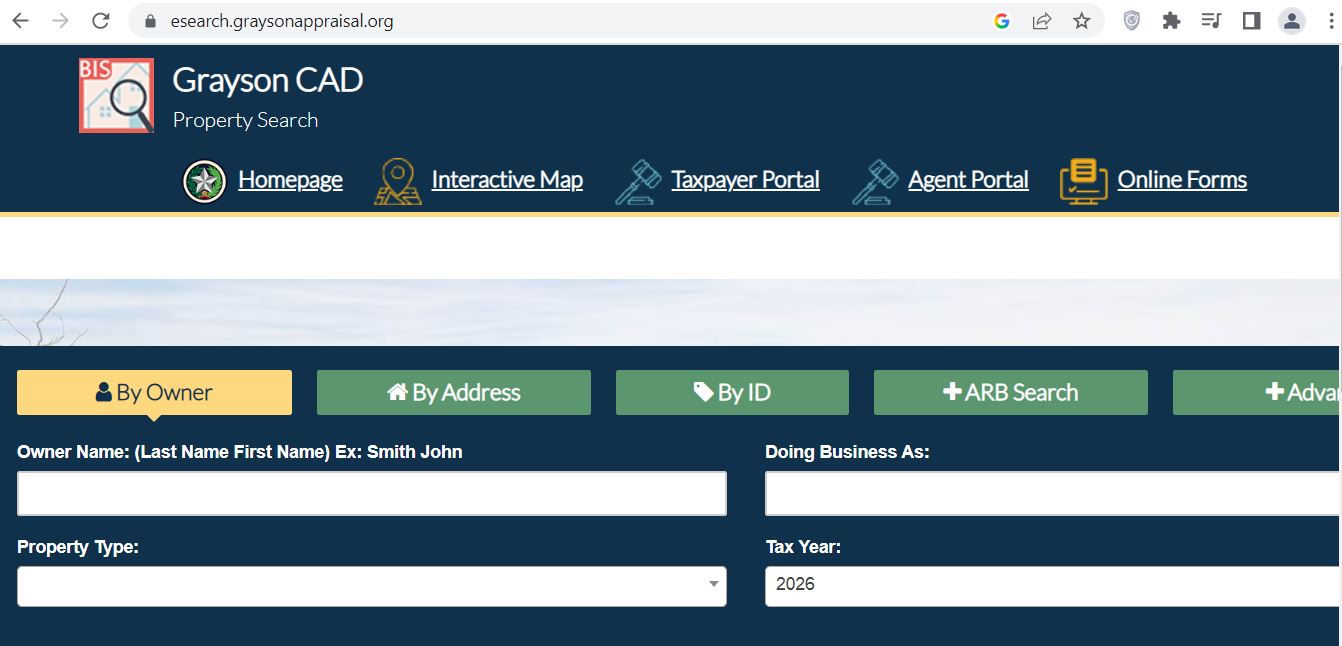 Grayson County CAD official property search screenshot for Grayson Central Appraisal District records