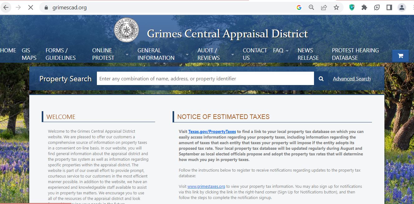 Grimes County CAD 2026 property search and tax appraisal screenshot