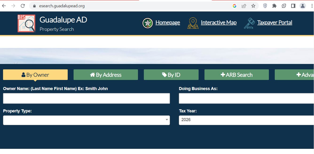 Guadalupe County CAD official property search screenshot for Guadalupe Appraisal District records