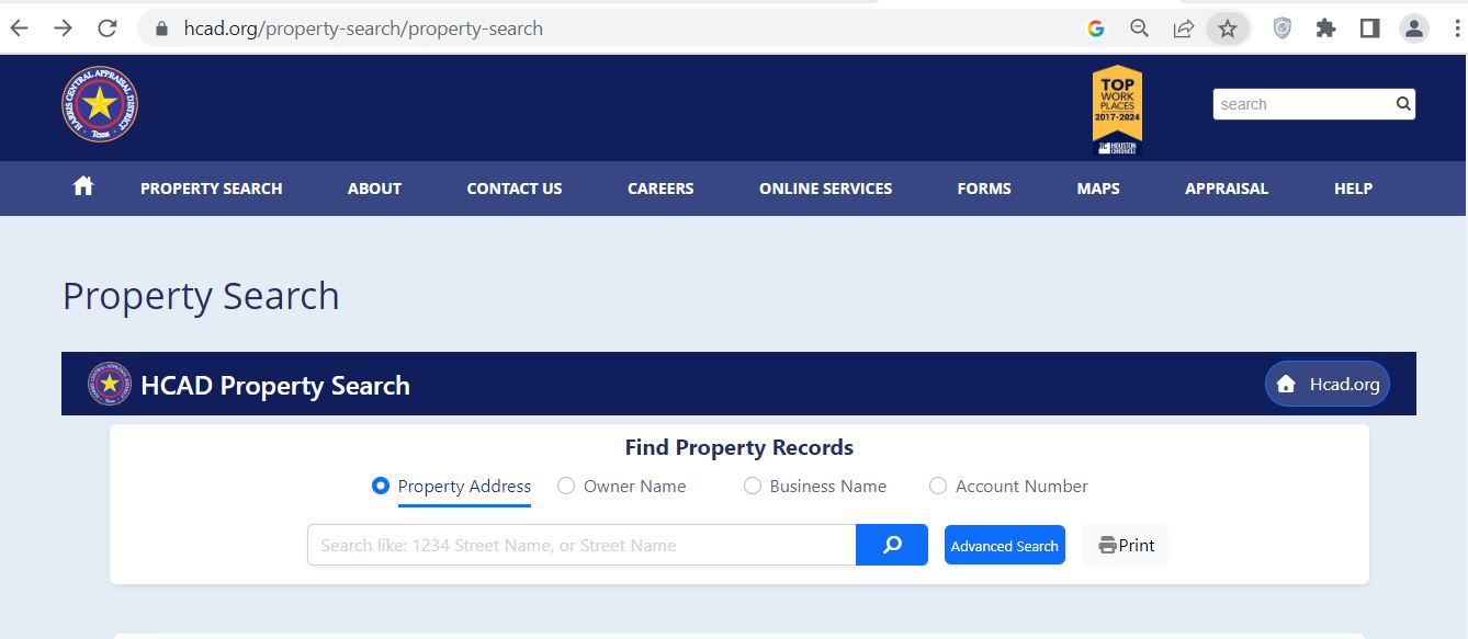 Harris County CAD official HCAD property search screenshot for appraisal records and tax value lookup