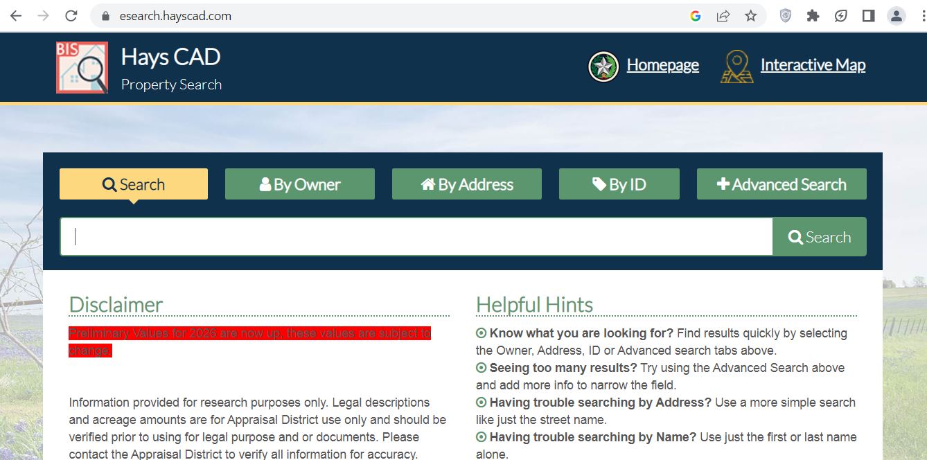 Hays County CAD official property search screenshot for Hays Central Appraisal District records