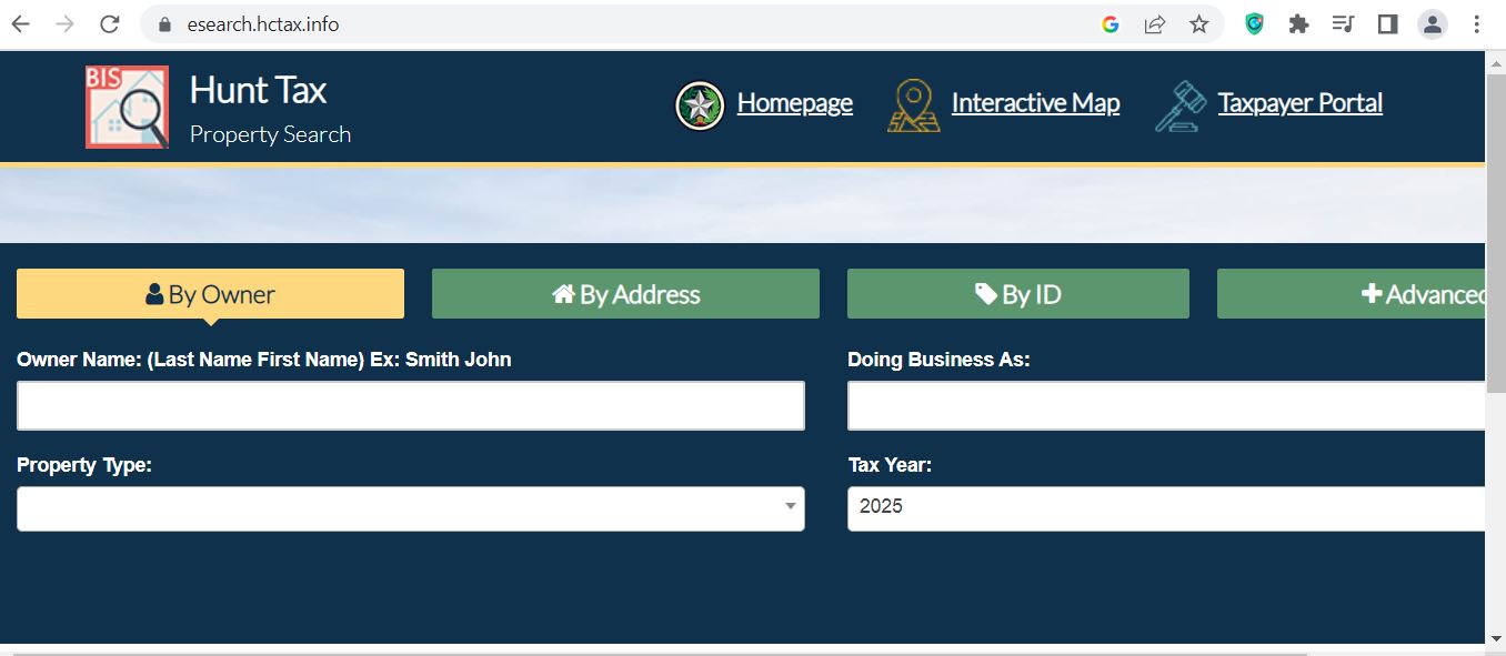 Hunt County CAD official property search screenshot for Hunt County Appraisal District records
