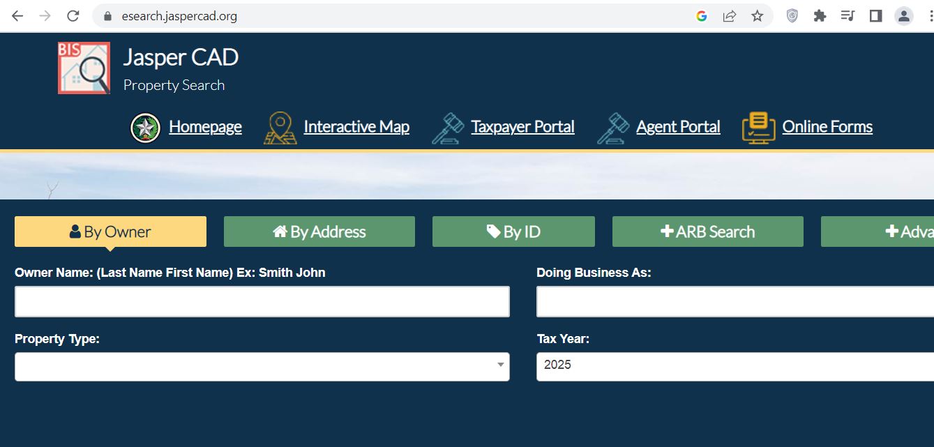 Jasper County CAD 2026 property search and tax appraisal screenshot