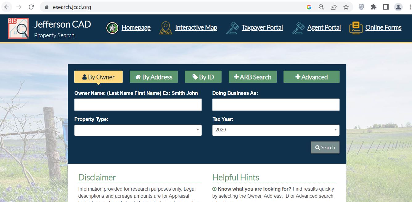 Jefferson County CAD 2026 property search and tax appraisal screenshot