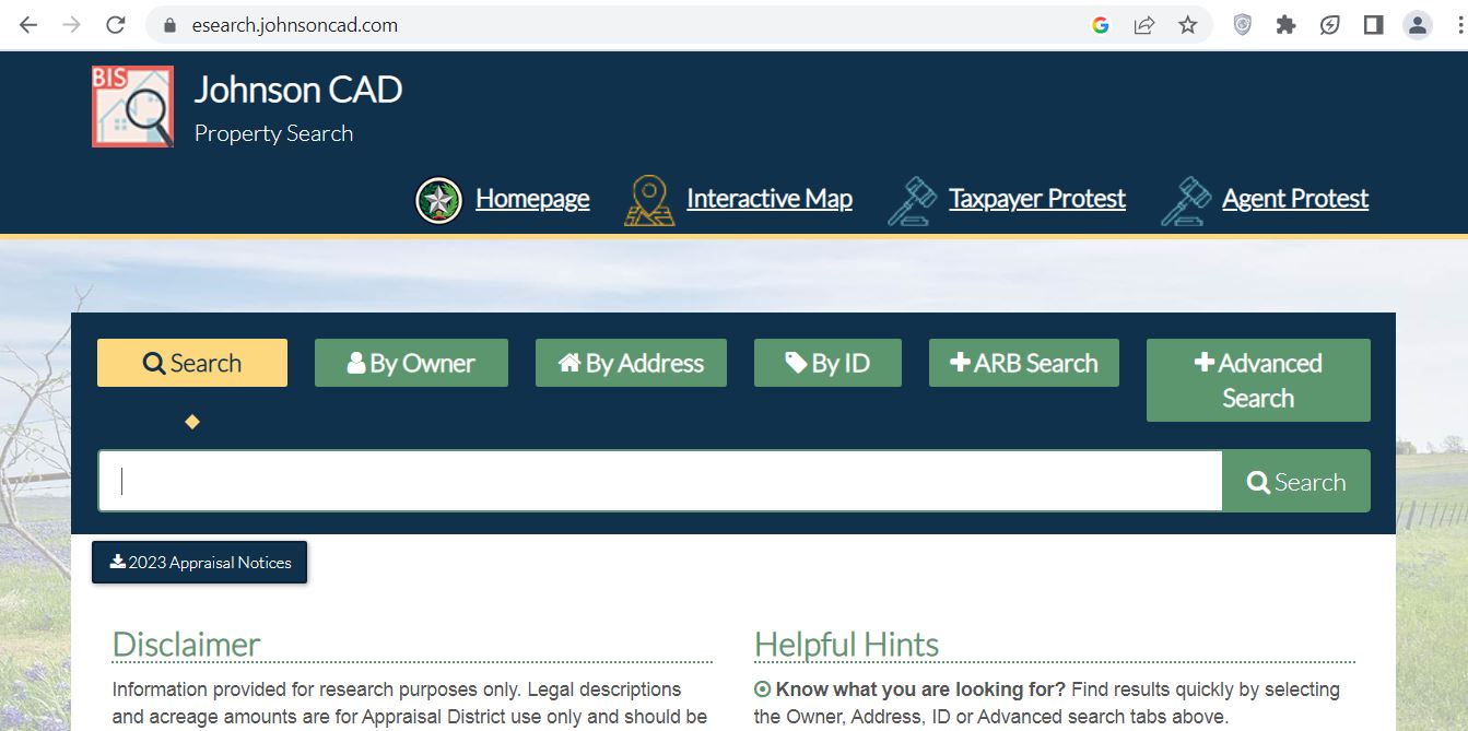 Johnson County CAD official property search screenshot for Central Appraisal District of Johnson County records