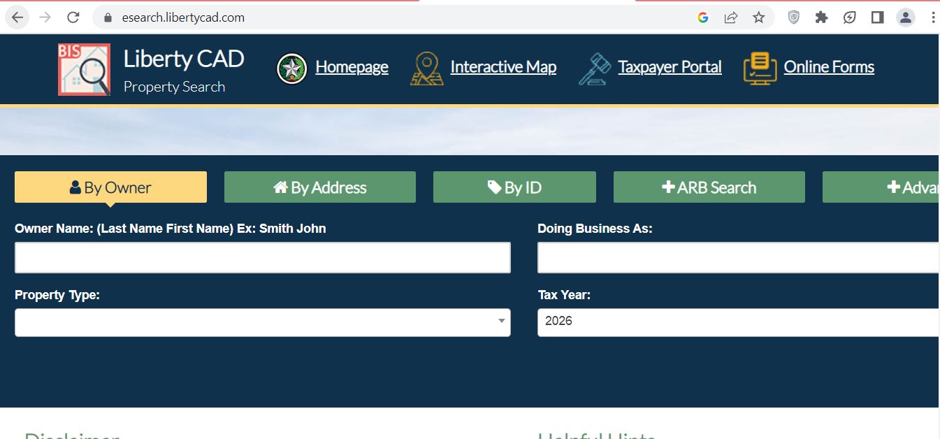 Liberty County CAD official property search screenshot for Liberty County Central Appraisal District records