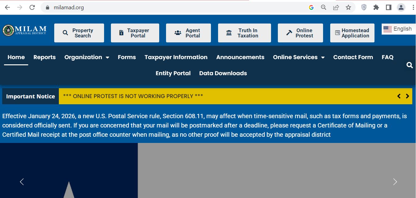 Milam County CAD 2026 property search and tax appraisal screenshot