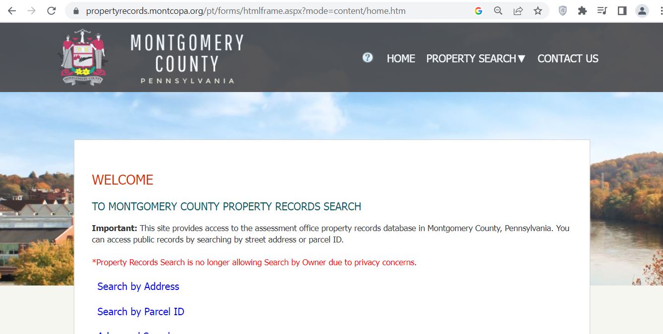 Montgomery County PA property records and assessment search screenshot for parcel lookup
