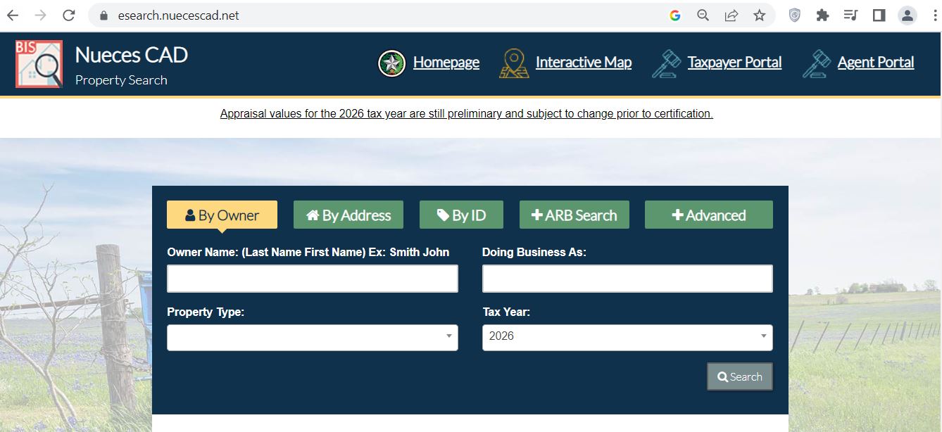 Nueces County CAD 2026 property search and tax appraisal screenshot
