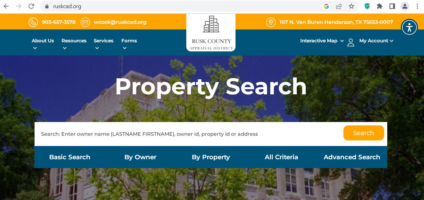 Rusk County CAD 2026 property search and tax appraisal screenshot
