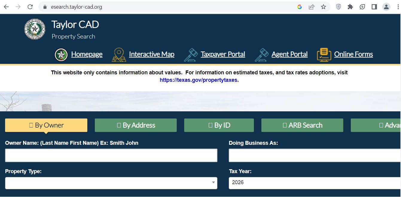 Taylor County CAD official property search screenshot for Central Appraisal District of Taylor County records
