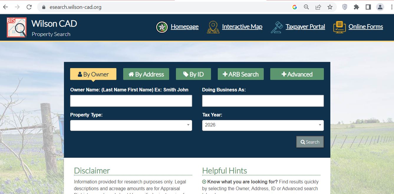 Wilson County CAD 2026 property search and tax appraisal screenshot