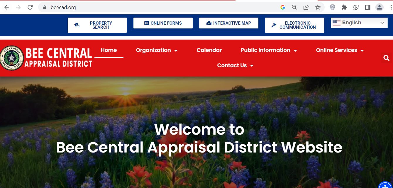 Official Bee Central Appraisal District homepage screenshot showing Property Search, Online Forms, Interactive Map and Electronic Communication