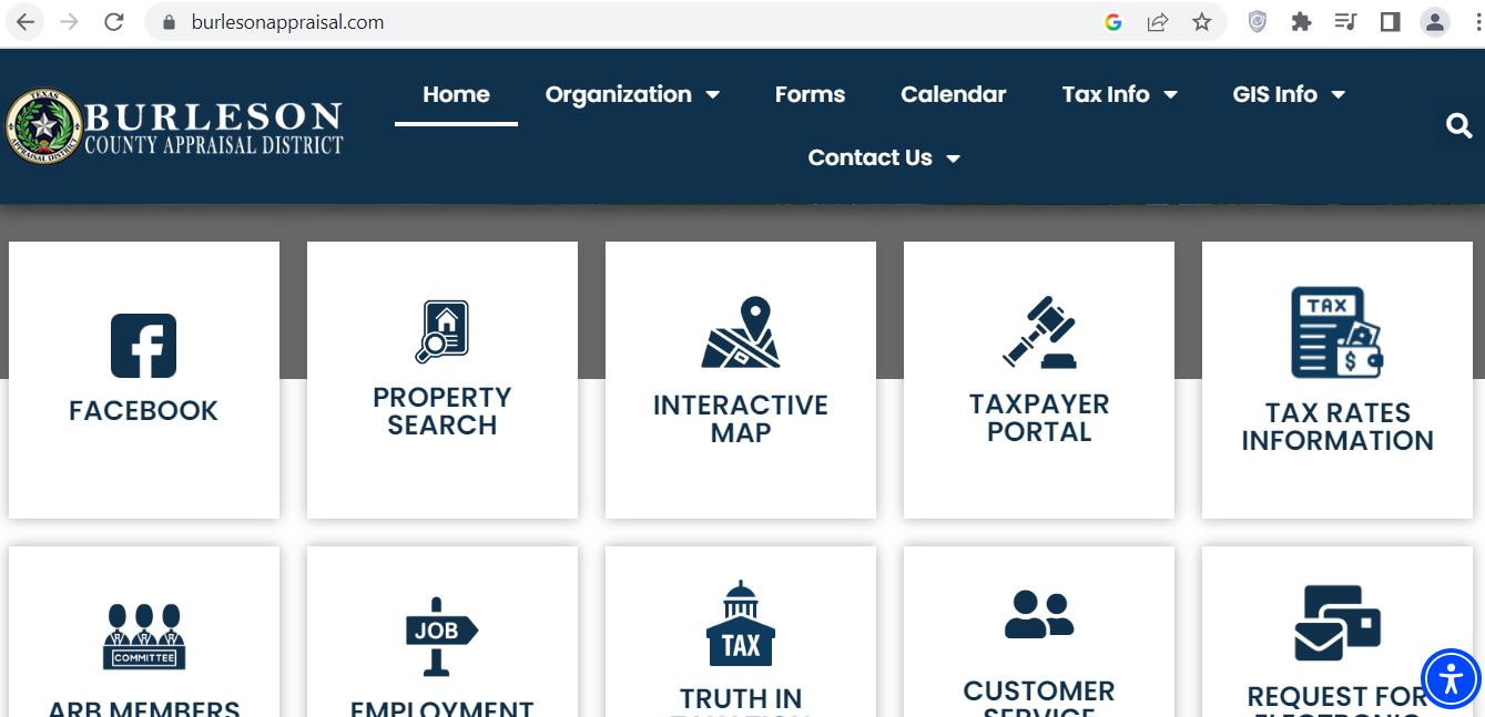 Official Burleson County Appraisal District homepage showing Property Search, Interactive Map, Taxpayer Portal and Tax Rates Information tiles