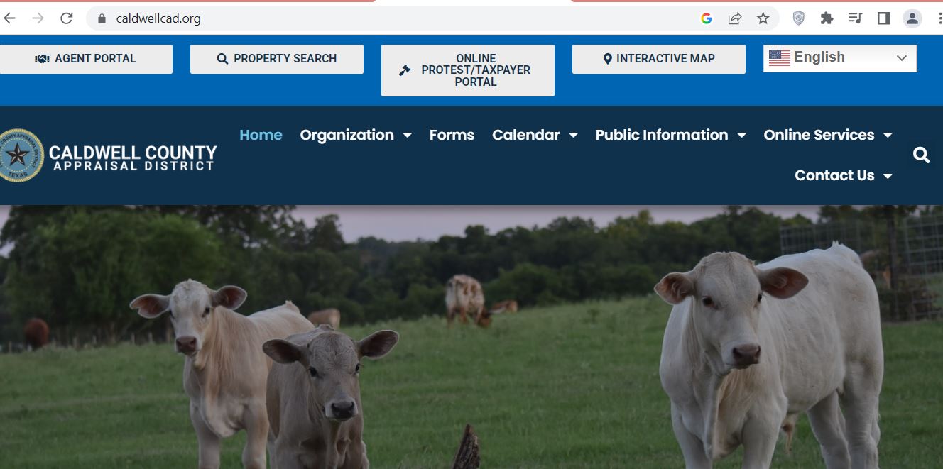 Official Caldwell County Appraisal District website showing Agent Portal, Property Search, Online Protest Taxpayer Portal and Interactive Map buttons