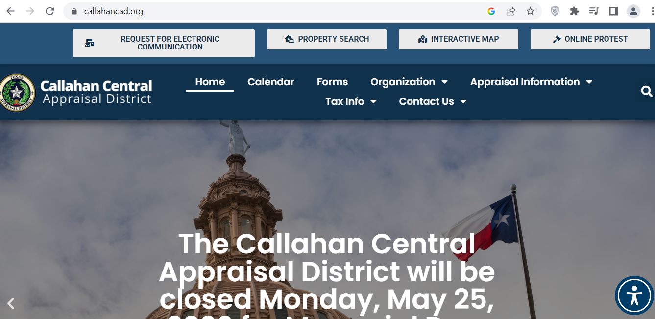 Official Callahan Central Appraisal District homepage showing electronic communication, property search, interactive map and online protest buttons