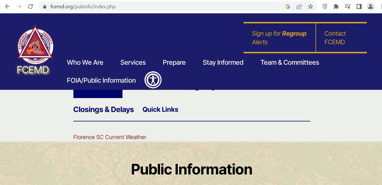 Florence County Emergency Management Public Information website screenshot that is not the Tax Assessor property search