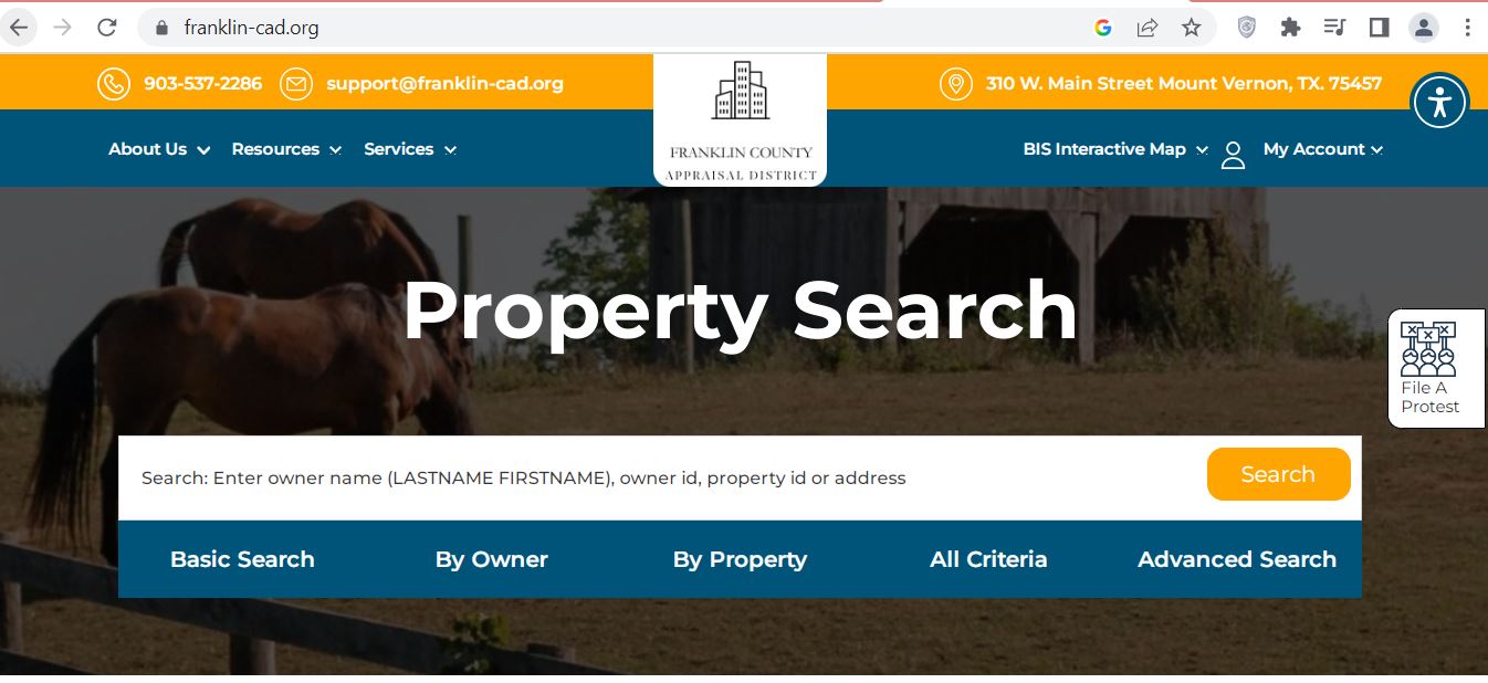 Official Franklin County Appraisal District property search screenshot showing Basic Search, By Owner, By Property, All Criteria, Advanced Search, BIS Interactive Map and File A Protest
