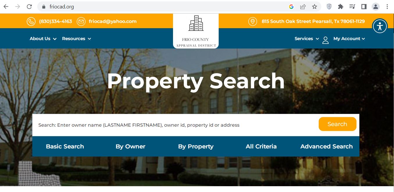 Official Frio County Appraisal District property search showing Basic Search, By Owner, By Property, All Criteria and Advanced Search