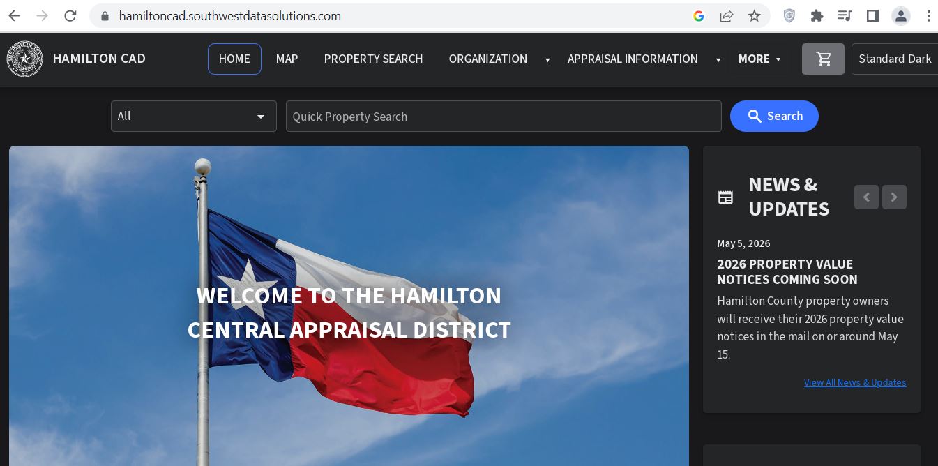 Official Hamilton Central Appraisal District homepage showing Quick Property Search, Map, Property Search, appraisal information and 2026 property value notice news