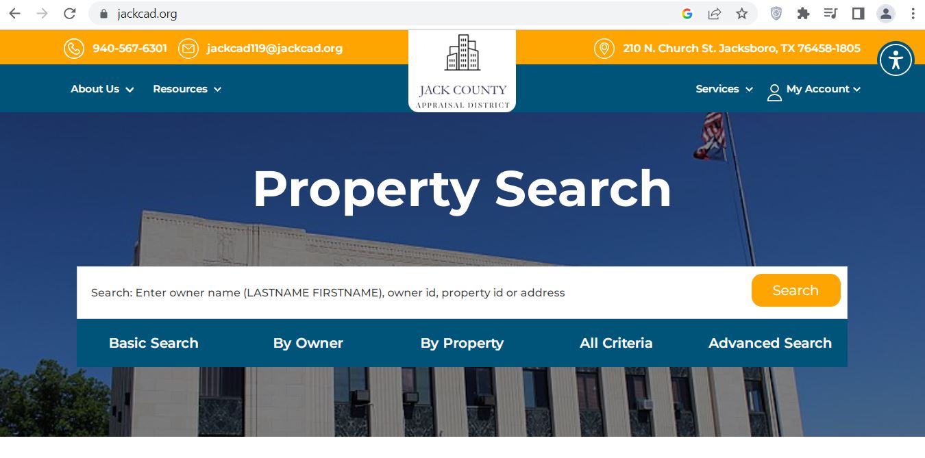 Jack County CAD 2026 property search website showing owner address property ID forms map and protest options