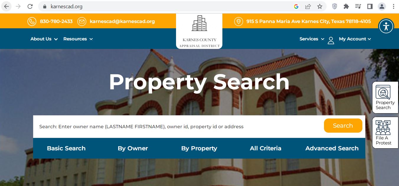 Official Karnes County Appraisal District property search screenshot showing Basic Search, By Owner, By Property, All Criteria, Advanced Search and File A Protest