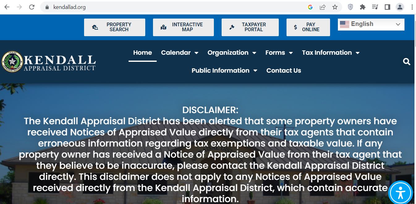 Kendall County CAD official website screenshot showing property search, interactive map, taxpayer portal and online payment options