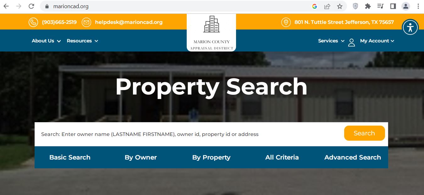 Official Marion Central Appraisal District property search page showing Basic Search, By Owner, By Property, All Criteria and Advanced Search