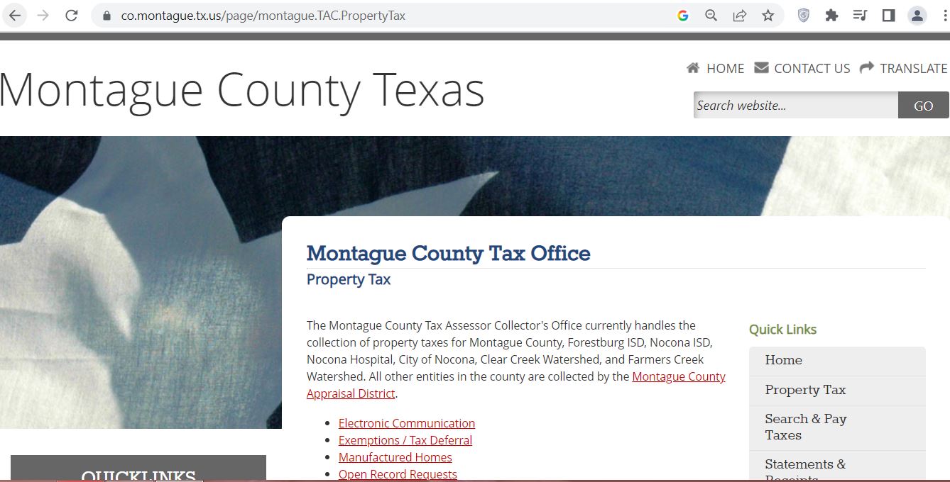Montague County Appraisal District website showing property-search tabs, forms, exemptions and taxpayer navigation