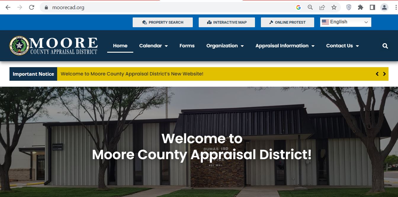 Official Moore County Appraisal District website screenshot showing property search, interactive map and online protest options
