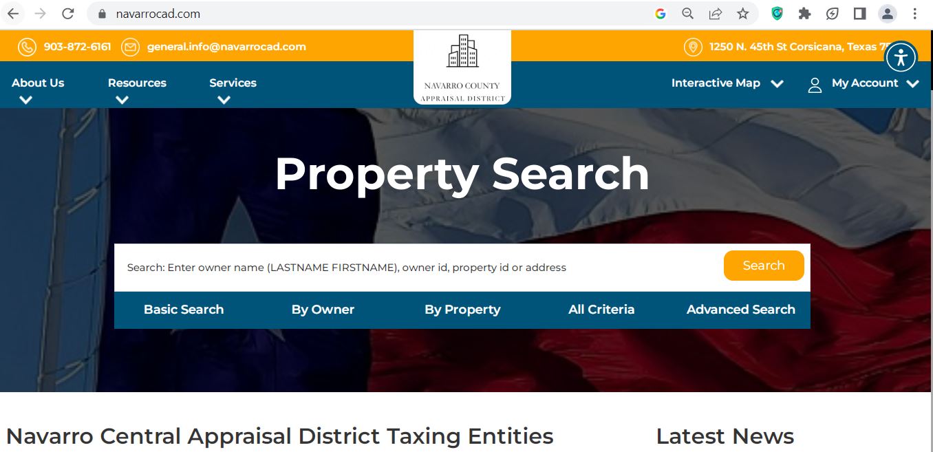 Official Navarro County CAD property search screenshot showing Basic Search, By Owner, By Property, All Criteria and Advanced Search