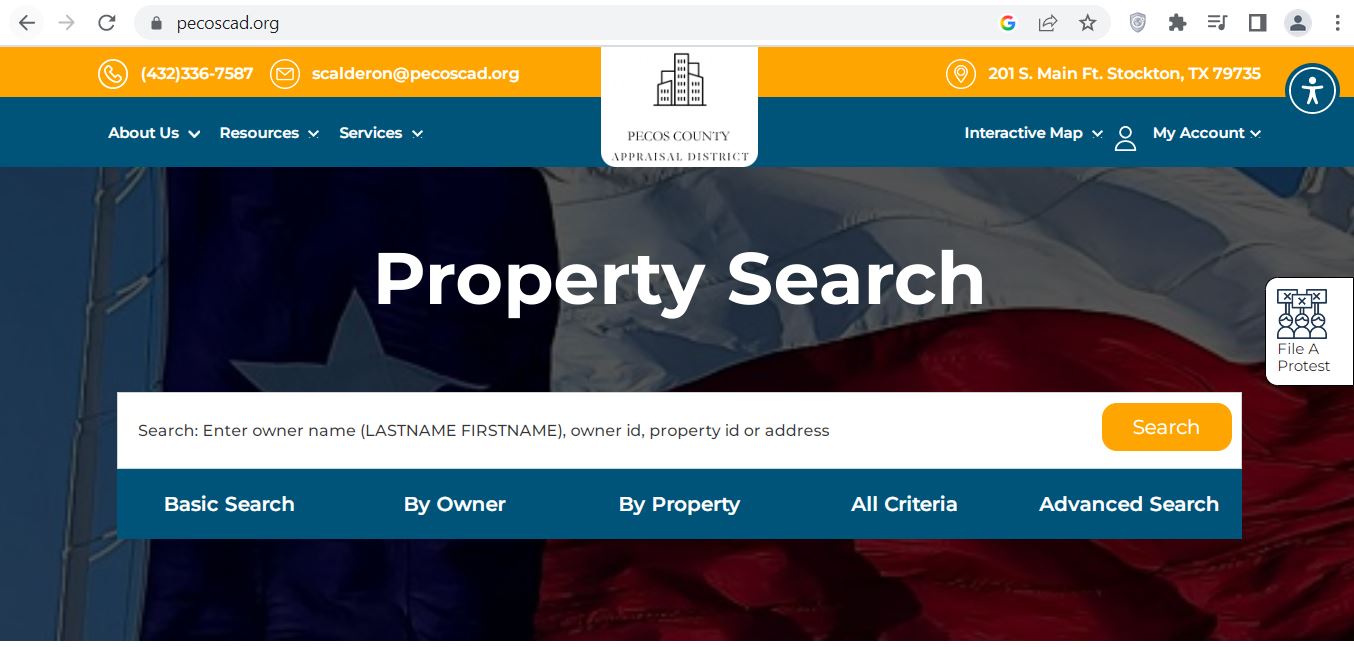 Official Pecos County Appraisal District property search screenshot showing Basic Search, By Owner, By Property, All Criteria, Advanced Search, Interactive Map and File A Protest