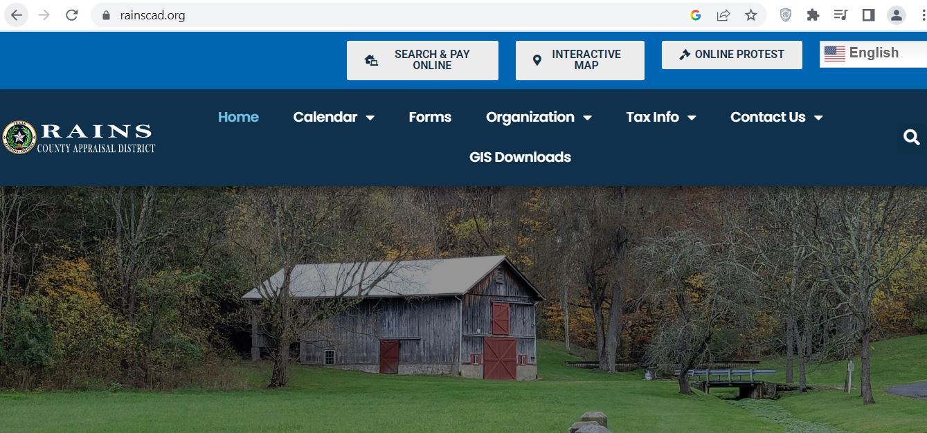 Official Rains County CAD website screenshot showing Search and Pay Online, Interactive Map and Online Protest buttons