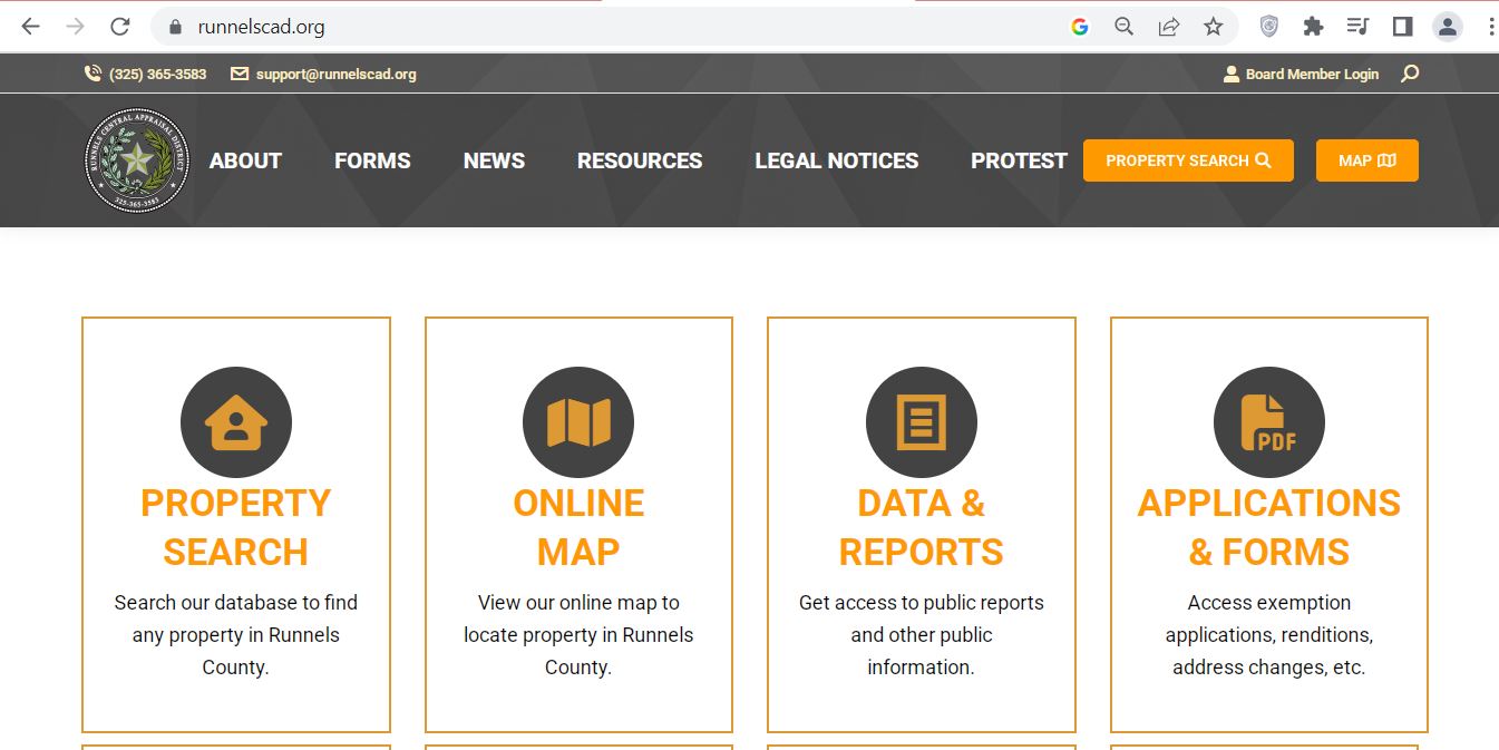 Runnels County CAD 2026 property search website with property search map forms and appraisal resources