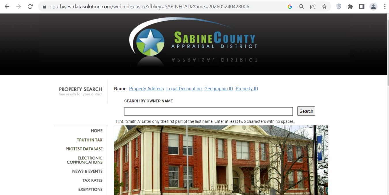 Official Sabine County Appraisal District property search screen showing owner name, property address, legal description, Geographic ID and Property ID search tabs