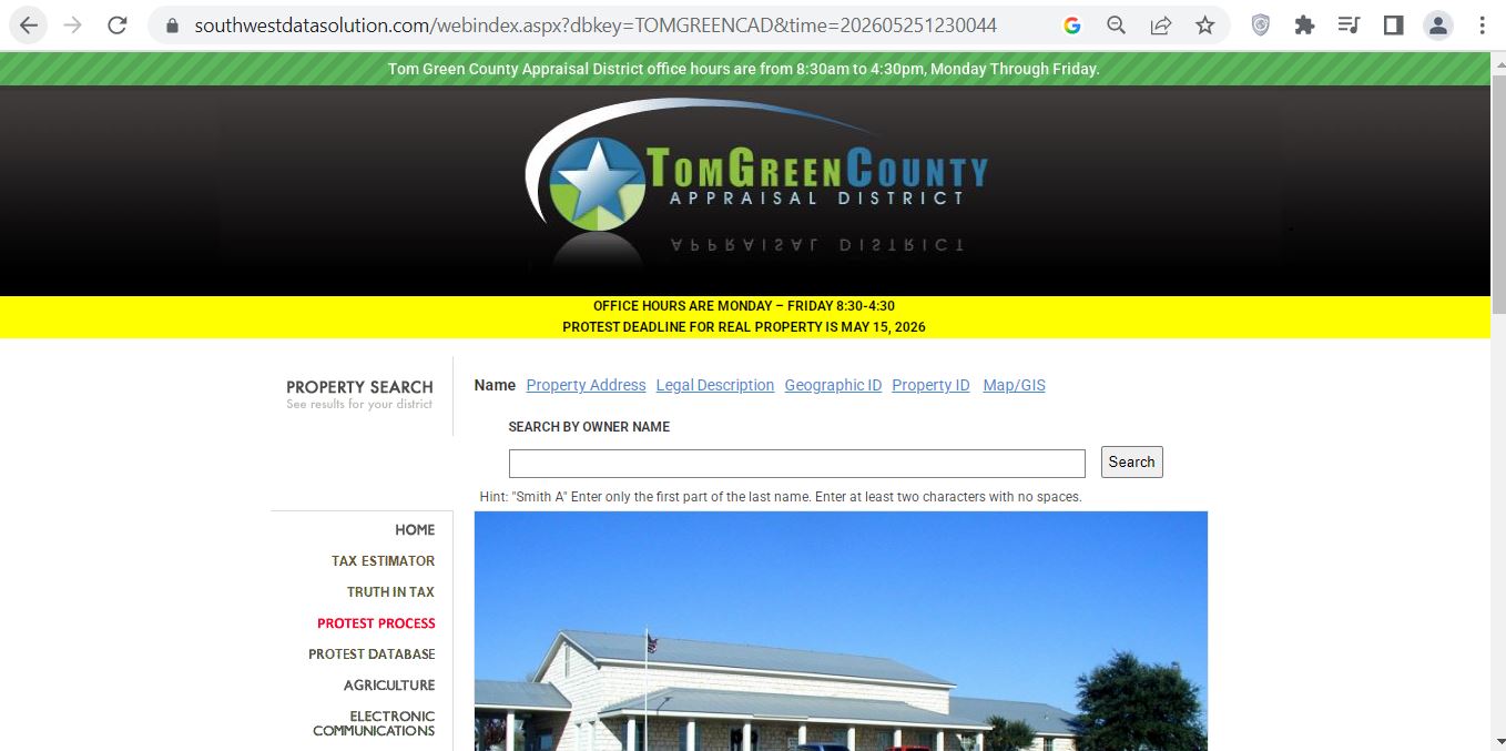 Tom Green County Appraisal District website showing property-search links, Map GIS and taxpayer service navigation