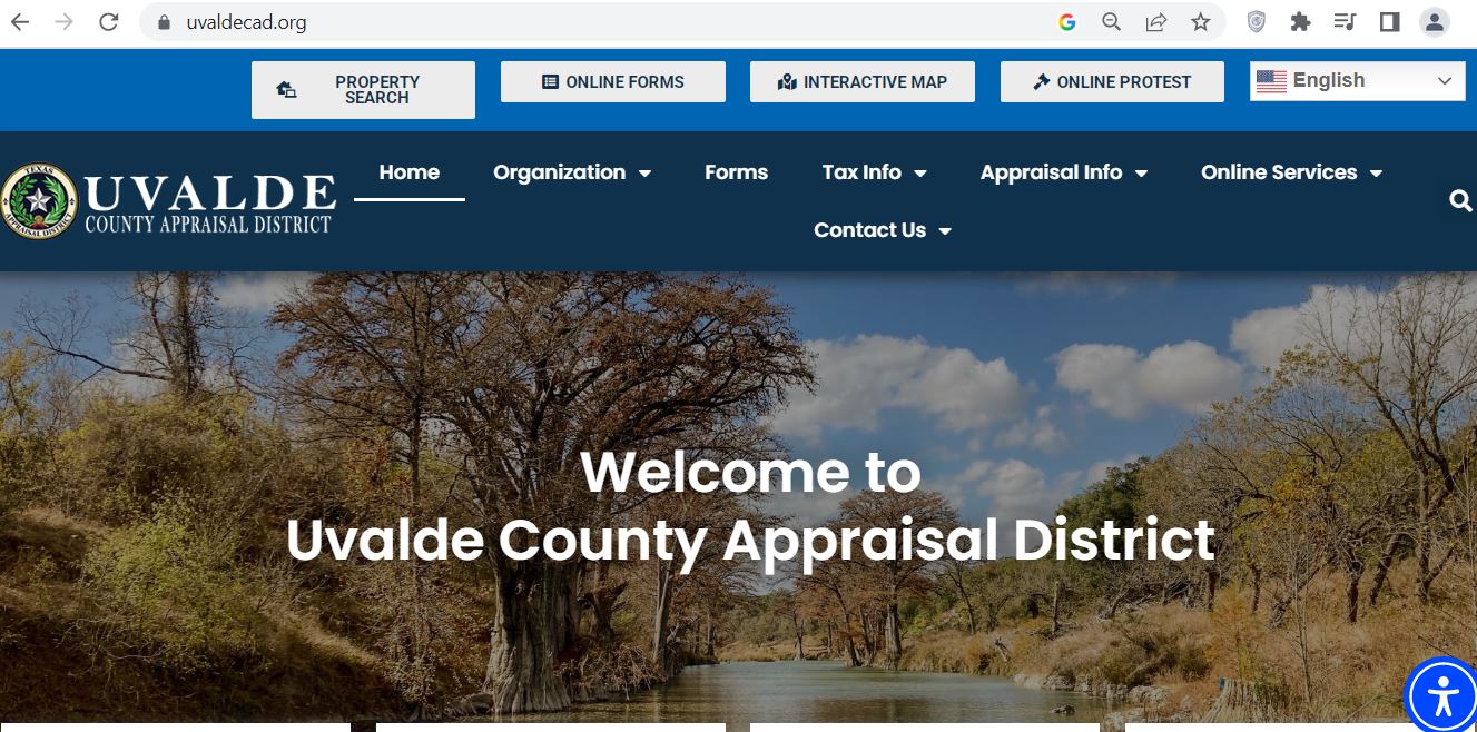 Official Uvalde County Appraisal District homepage showing Property Search, Online Forms, Interactive Map and Online Protest buttons