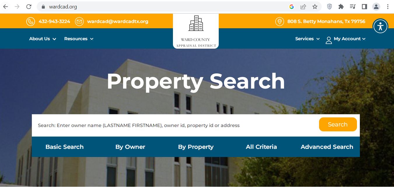 Ward County Central Appraisal District website screenshot showing the property search and taxpayer service navigation